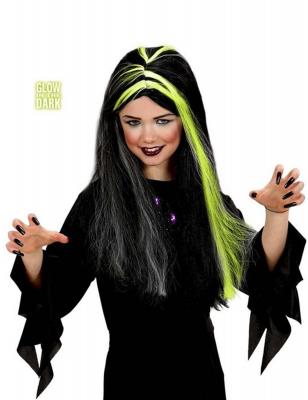 Perruque sorci&egrave;re noire et blanche phosphorescente fille Halloween