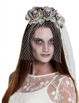 Serre-t&ecirc;te avec voile zombie blanc femme Halloween