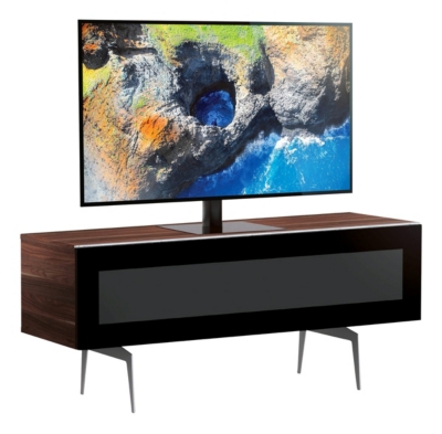 Meuble tv verre infrarouge et bois fonc&eacute; pieds m&eacute;tal noosa 120 cm