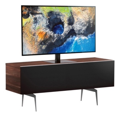 Meuble tv tissu acoustique et bois fonc&eacute; pieds m&eacute;tal darwin 120 cm