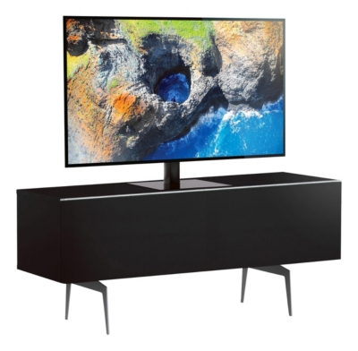 Meuble tv tissu acoustique et m&eacute;lamin&eacute; noir pieds m&eacute;tal cairns 120 cm