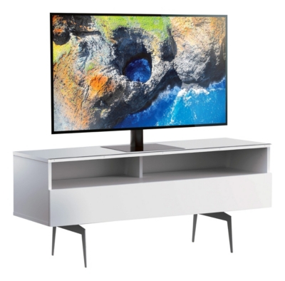 Meuble tv 2 niches 1 porte m&eacute;lamin&eacute; blanc et pieds m&eacute;tal broome 120 cm