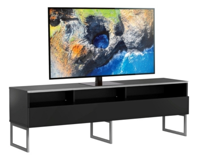 Meuble tv 3 niches 1 porte m&eacute;lamin&eacute; noir et pieds m&eacute;tal catania 160 cm