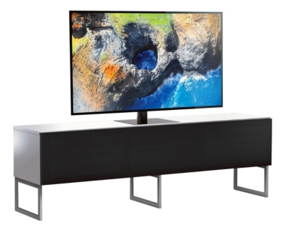 Meuble tv tissu acoustique et m&eacute;lamin&eacute; blanc pieds m&eacute;tal modena 160 cm