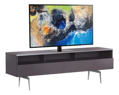 Meuble tv 3 niches 1 porte m&eacute;lamin&eacute; gris et pieds m&eacute;tal albany 160 cm