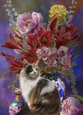 Puzzle Pi&egrave;ces XXL - Chat et Fleurs Asiatiques SunsOut