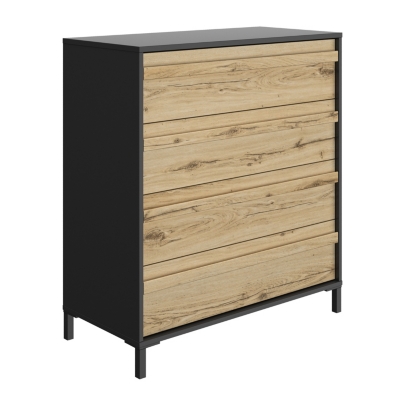 Commode 4 tiroirs H104 cm d&eacute;cor effet ch&ecirc;ne et noir