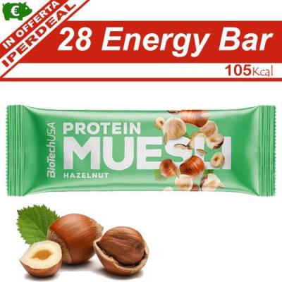 Lot de 28 cartons de collation protein&eacute;e Biotech USA muesli - Noisette