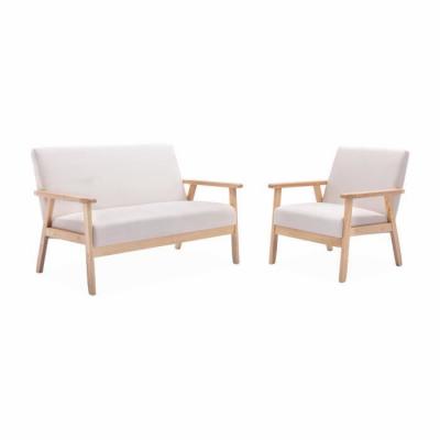 Banquette et fauteuil scandinave bois et tissu cr&egrave;me sweeek
