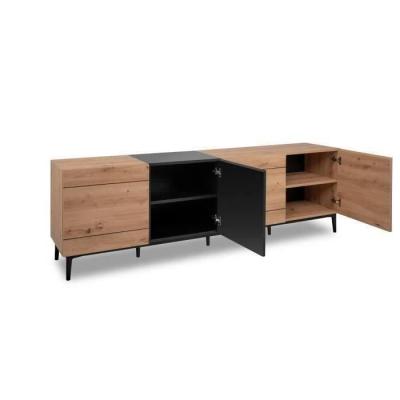Buffet NOLA - D&eacute;cor chene et noir - 4 portes - L 200 x P 42 x H 65 cm