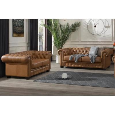 Canap&eacute; chesterfield 3+2 places BRENTON 100% cuir de buffle - Caramel vintage