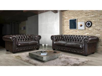 Canap&eacute; chesterfield 3+2 places BRENTON 100% cuir de buffle - Marron reflets ch&acirc;tains