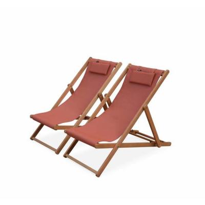 Lot de 2 transats en eucalyptus et textil&egrave;ne terracotta