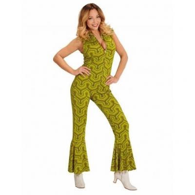 D&eacute;guisement - Combinaison groovy verte - Sans manches - Pattes d&eacute;l&eacute;phant - Ann&eacute;es 70