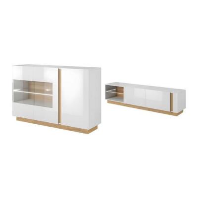 Ensemble buffet et meuble TV blanc brillant et naturel - S&eacute;jour lumineux MURARI