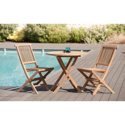 Ensemble En Teck: Une Table Ronde Et 2 Chaises