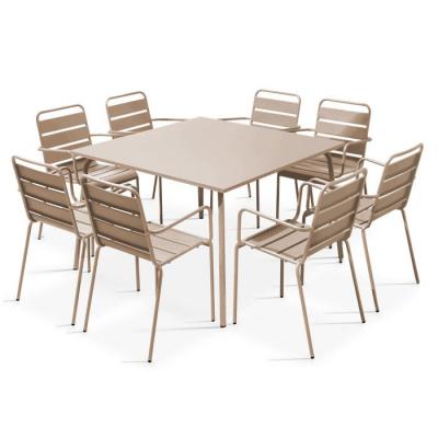 Ensemble table de jardin carr&eacute;e et 8 fauteuils en m&eacute;tal taupe
