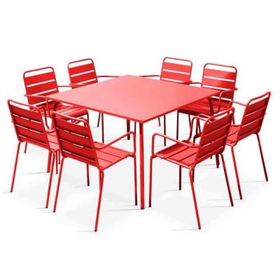 Palavas - Table de jardin carr&eacute;e et 8 fauteuils en m&eacute;tal rouge - Rouge