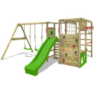 Aire de jeux Portique bois ActionArena FATMOOSE avec balan&ccedil;oire et toboggan vert pomme