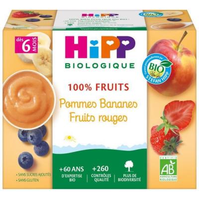 HIPP 100% Fruits - 4 x 100 g Pommes Bananes Fruits rouges - 6M