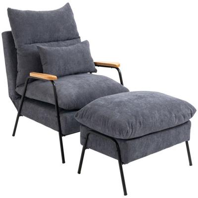 Fauteuil lounge inclinable n&eacute;o-r&eacute;tro repose-pied velours cotel&eacute; gris