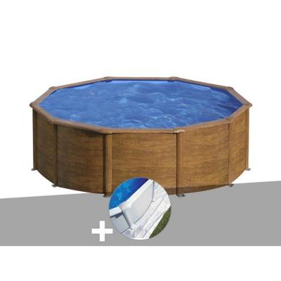 Kit piscine acier aspect bois Gr&eacute; Sicilia ronde 4,80 x 1,22 m + Tapis de sol