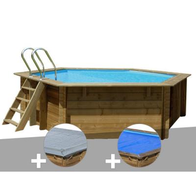 Kit piscine bois Gr&eacute; Vanille &Oslash; 4,00 x 1,19 m + B&acirc;che hiver + B&acirc;che &agrave; bulles