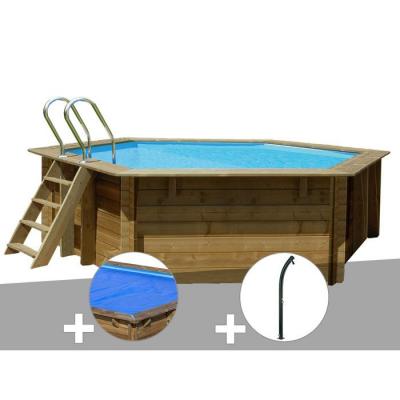 Kit piscine bois Gr&eacute; Vanille &Oslash; 4,00 x 1,19 m + B&acirc;che &agrave; bulles + Douche