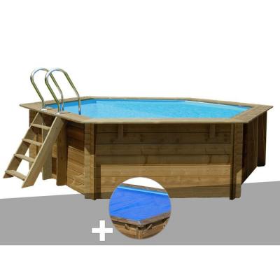 Kit piscine bois GR&Eacute; Vanille &oslash; 4,00 x 1,19 m + B&acirc;che &agrave; bulles - Bois