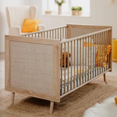 Lit b&eacute;b&eacute; &agrave; barreaux en Bois Clair imprim&eacute; cannage 70x140 - LT7085