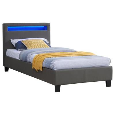 Lit LED simple LUCENO 90x190 cm, avec sommier, rev&ecirc;tement synth&eacute;tique gris