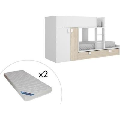 Lits Superpos&eacute;s 2 x 90 x 190 cm - Armoire int&eacute;gr&eacute;e - Blanc et naturel + matelas - JUANITO