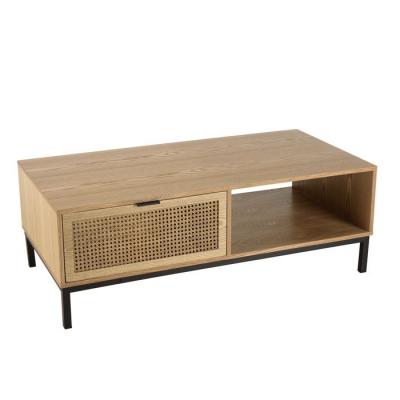 Table basse 1 niche 2 tiroirs cannage pieds m&eacute;tal noir MARCEAU