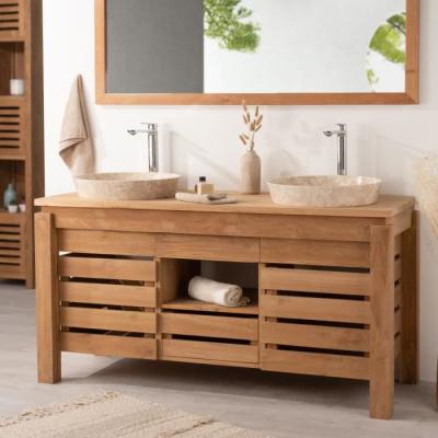 Meuble de salle de bain en teck Zen double vasque 145cm - Marron