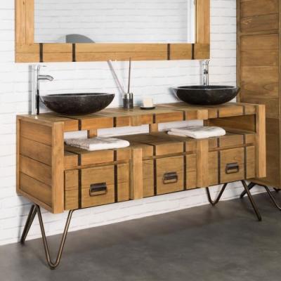 Meuble double vasque en mindi et acier 160 Loft naturel - Marron clair