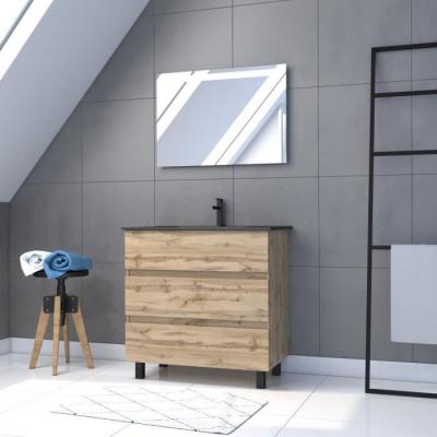 Meuble salle de bain 80x80 - Finition chene naturel + vasque noire + miroir Led - timber 80 - Pack18