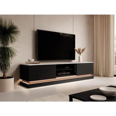 Meuble TV 2 tiroirs et 2 niches avec LEDs en MDF - Noir et effet marbre blanc - DEVIKA de
