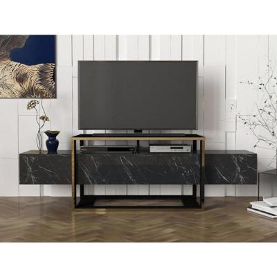 Meuble TV avec 2 niches - Effet marbre noir et dor&eacute; - COMEBI II