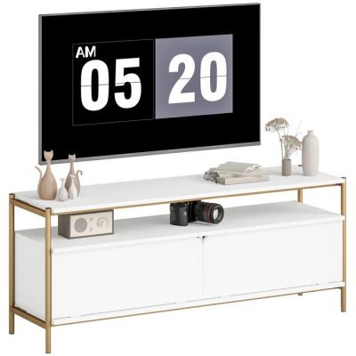 Meuble Tv 2 Portes Rabattables Et &Eacute;tag&egrave;re Ouverte Cadre En Acier Blanc