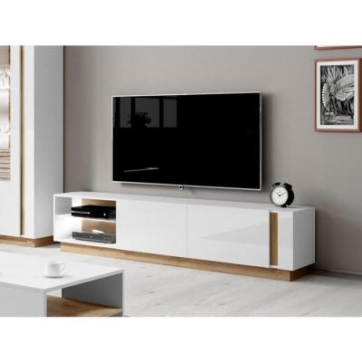 Meuble TV MURARI - 2 portes et 2 niches - Avec LEDs - Blanc brillant et ch&ecirc;ne