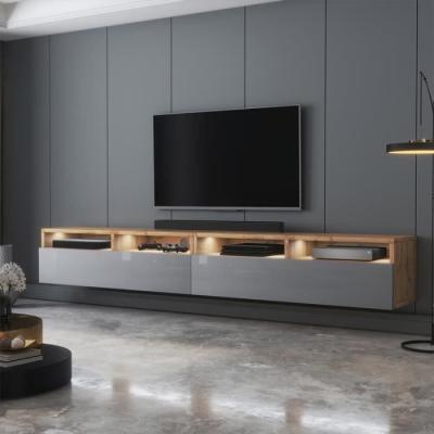 Selsey Meuble TV - REDNAW - 200 cm - ch&ecirc;ne wotan / gris brillant - avec LED