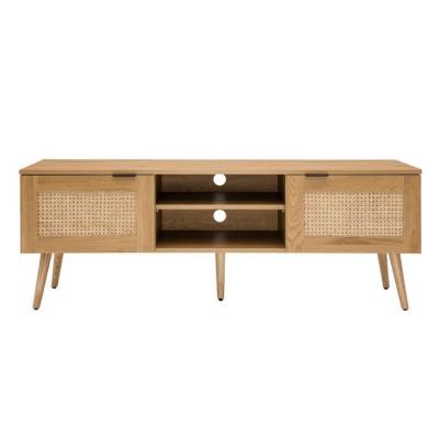 Meuble TV bois clair, cannage rotin et m&eacute;tal noir 2 portes L140 cm MANILLE