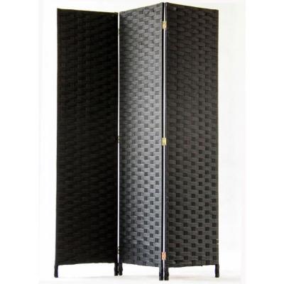 Paravent de 3 pans tress&eacute; en fibres synth&egrave;tiques, coloris noir - Dim : H170 x 120cm