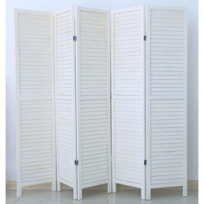 Paravent persienne de 5 pans en bois - Blanc effet brocante - H170 x L200 cm