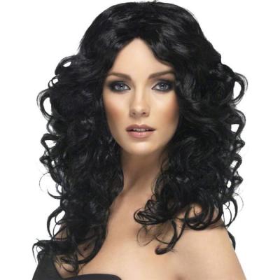 Smiffys Perruque glamour, noire, cheveux longs, boucl&eacute;s