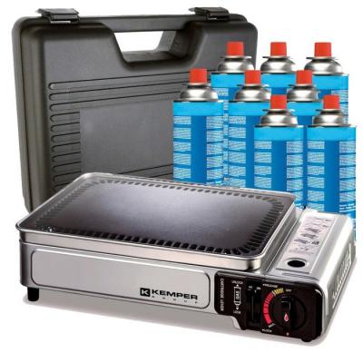 Plancha gaz portable - KEMPER - plaque anti adh&eacute;sive - 8 cartouches gaz camping