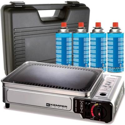 Plancha &agrave; gaz portable 2300W + 4 cartouches de gaz + Valise de transport KEMPER