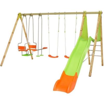 Portique bois/M&eacute;tal KAHUNA de 2,30 m - 4 agr&egrave;s + toboggan - 8 enfants