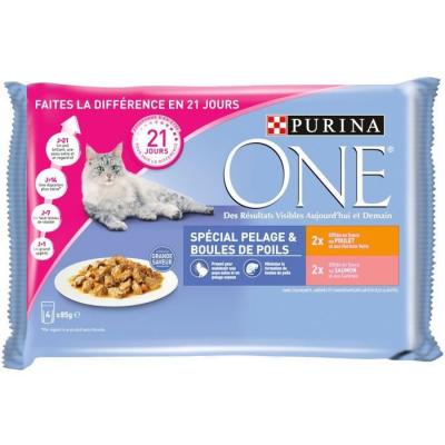Lot PURINA ONE 24 x 85 g - Pelage & Boules de Poils - poulet, saumon