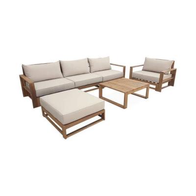 Salon De Jardin En Bois 5 Places - Mendoza - Coussins Beiges. Canap&eacute;. Fauteuils Et Table Basse En